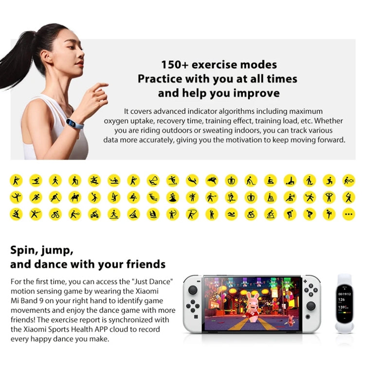 Original Xiaomi Mi Band 9 1.62 inch AMOLED Screen 5ATM Waterproof Smart Watch, Support Blood Oxygen / Heart Rate Monitor, Smart Band 9 Black