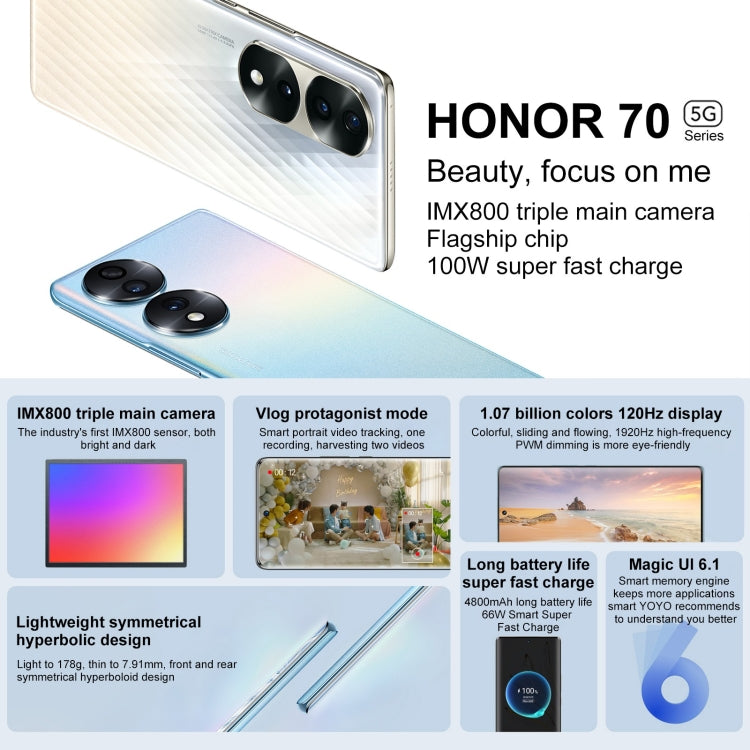 Honor 70 5G FNE-AN00, 54MP Cameras, 12GB+256GB, China Version